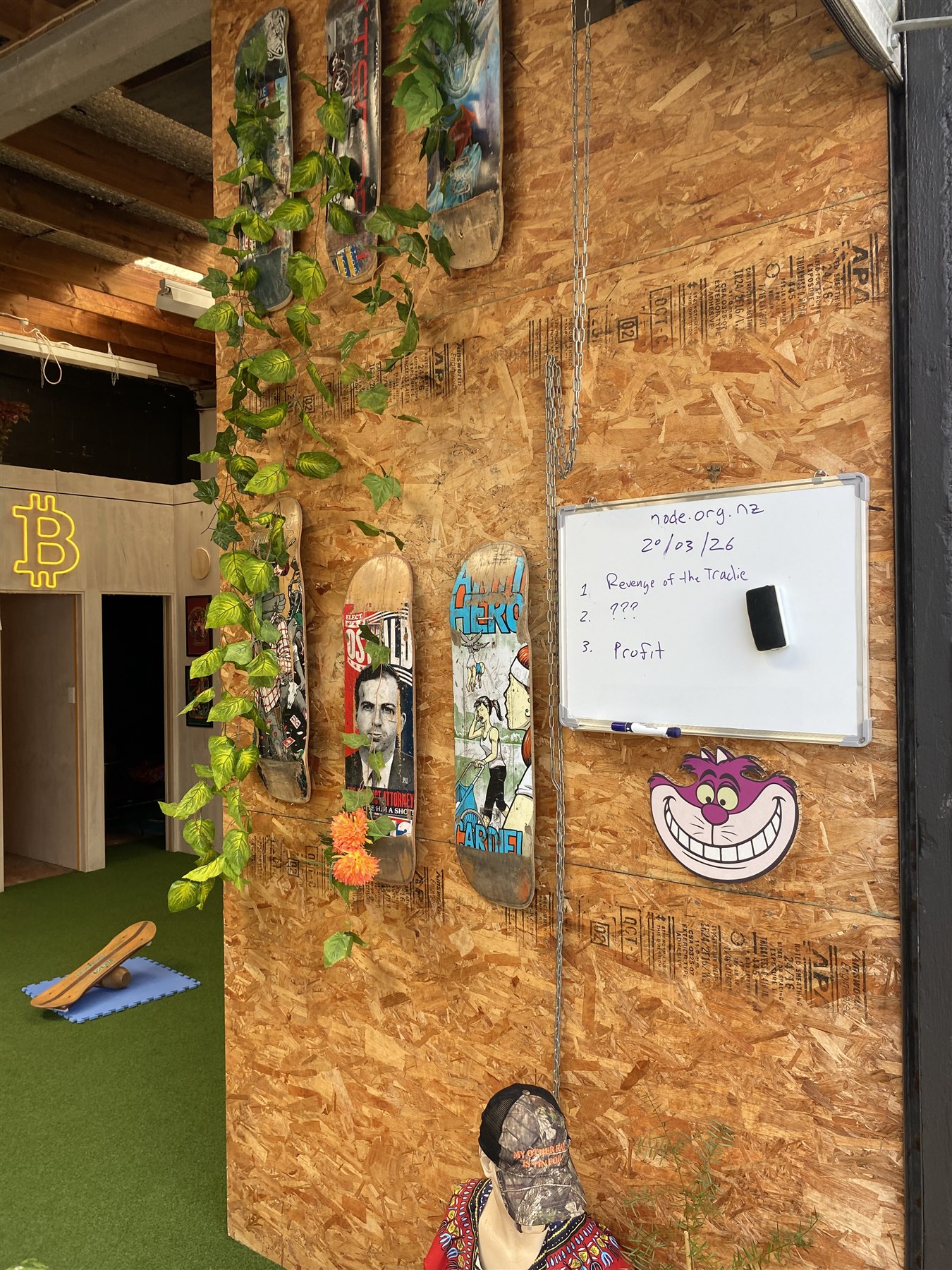 Skateboard wall art inside Node Space Devonport